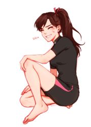 Rule 34 | 1girl, :d, alternate hairstyle, bad id, bad pixiv id, barefoot, bike shorts, black shirt, black shorts, breasts, brown hair, closed eyes, closed mouth, d.va (overwatch), earrings, ecila, facepaint, facial mark, fingernails, grin, hair ribbon, hand on lap, hand on own knee, jewelry, long fingernails, long hair, nail polish, open mouth, overwatch, overwatch 1, pink nails, pink ribbon, ponytail, ribbon, shirt, short sleeves, shorts, simple background, smile, solo, stud earrings, turtleneck, whisker markings, white background