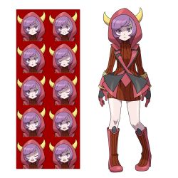 Rule 34 | 1girl, asatsuki (fgfff), boots, closed mouth, commentary request, courtney (pokemon), creatures (company), dress, expression chart, expressionless, fake horns, full body, game freak, gloves, highres, hood, hood up, horns, knees, looking at viewer, nintendo, pokemon, pokemon oras, purple eyes, purple hair, red dress, ribbed dress, shiny skin, short hair, standing, team magma, turtleneck, turtleneck dress, white background