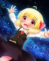 Rule 34 | 1girl, ahoge, blonde hair, blush, buttons, dutch angle, fang, female focus, hair ribbon, koji (kohei66), long sleeves, looking at viewer, milky way, necktie, night, open hands, open mouth, outstretched arms, ribbon, rumia, shirt, short hair, skirt, solo, star (sky), touhou, vest