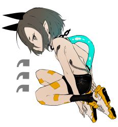 Rule 34 | 1girl, absurdres, black shorts, breasts, closed mouth, copyright request, ddari, from side, grey eyes, grey hair, highres, looking at viewer, looking to the side, pointy ears, shoes, shorts, simple background, small breasts, snake tattoo, solo, tattoo, topless, white background