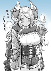 Rule 34 | 1girl, blue theme, breasts, coat, draph, gradient background, granblue fantasy, greyscale, grin, hand in pocket, horns, kumbhira (granblue fantasy), large breasts, monochrome, mushi024, one eye closed, pointy ears, scarf, shorts, smile, v, winter clothes, winter coat