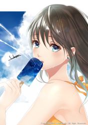 Rule 34 | 1girl, armpits, artist name, bare arms, bare shoulders, biting, blue eyes, blue sky, brown hair, cloud, commentary request, day, earrings, eyelashes, food, from side, halterneck, hand up, highres, holding, jewelry, long hair, looking at viewer, looking to the side, open mouth, original, popsicle, sky, solo, sweat, teeth, uooper, watermark