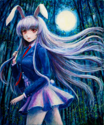 Rule 34 | 1girl, animal ears, bamboo, bamboo forest, blazer, female focus, forest, full moon, jacket, long hair, miniskirt, moon, nature, necktie, night, oil painting (medium), painting (medium), purple hair, rabbit ears, rabbit girl, rabbit tail, red eyes, red necktie, reisen udongein inaba, revision, sketch, skirt, solo, tafuto, tail, touhou, traditional media, very long hair
