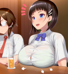Rule 34 | 2girls, puff of air, asada shino, black hair, blue eyes, blue ribbon, blush, bra, bra peek, bra visible through clothes, breast envy, breast rest, breasts, breasts on table, brown hair, bursting breasts, button gap, commentary request, cup, drinking glass, drinking straw, emphasis lines, glasses, green bra, hair ornament, hair tie, hairclip, highres, kawase seiki, kirigaya suguha, large breasts, medium breasts, multiple girls, necktie, opaque glasses, open mouth, ribbon, round teeth, see-through, shirt, short hair, sitting, sweat, sword art online, table, tea, teeth, underwear, wavy mouth, white shirt
