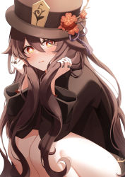 Rule 34 | 1girl, black nails, blush, brown hair, brown hat, brown shirt, commentary request, embarrassed, flower, flower-shaped pupils, genshin impact, gya (144), hair between eyes, hands up, has bad revision, has watermarked revision, hat, hat flower, highres, holding, holding hair, hu tao (genshin impact), jewelry, long hair, long sleeves, looking at viewer, md5 mismatch, multicolored eyes, multiple rings, nail polish, parted lips, plum blossoms, red eyes, red flower, resolution mismatch, ring, shirt, simple background, solo, source smaller, squatting, symbol-shaped pupils, tassel, very long hair, white background, wide sleeves, wristband, yellow eyes