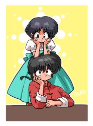 Rule 34 | 1boy, 1girl, aqua dress, belt bow, black hair, blue eyes, braid, braided ponytail, brown eyes, chinese clothes, couple, dress, highres, leaning on person, leaning on table, looking at another, ranma 1/2, red shirt, saotome ranma, school uniform, shirt, short hair, signature, sleeves rolled up, smile, sweatdrop, table, tangzhuang, tendou akane, wanta (futoshi), white shirt, yellow background