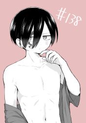Rule 34 | 1boy, boku no kokoro no yabai yatsu, chapter number, closed mouth, collarbone, facial tattoo, highres, ichikawa kyoutarou, looking to the side, male focus, navel, no nipples, off shoulder, partially colored, pink background, short hair, simple background, solo, tattoo, upper body, zeroasann