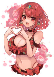 Rule 34 | 1girl, :d, absurdres, bare shoulders, bikini, black choker, blush, bow, breasts, choker, cleavage, collarbone, cropped torso, earrings, floral background, food, food-themed earrings, food print, frilled bikini, frills, fruit, haruto yuki, heart, heart hands, highres, jewelry, large breasts, open mouth, print bikini, pyra (xenoblade), red bikini, red bow, red eyes, red hair, short hair, smile, solo, strawberry, strawberry print, swimsuit, tiara, white background, xenoblade chronicles (series), xenoblade chronicles 2