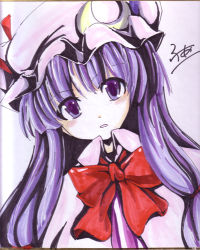 Rule 34 | 1girl, bad id, bad pixiv id, bow, crescent, crescent hat ornament, fa no hito, female focus, gradient background, hat, hat ornament, long hair, lowres, patchouli knowledge, purple eyes, purple hair, shikishi, solo, touhou, traditional media