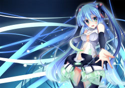 Rule 34 | 1girl, ajikan (azican), bad id, bad pixiv id, blue hair, bridal gauntlets, center opening, green eyes, hatsune miku, hatsune miku (append), long hair, navel, necktie, open mouth, solo, thighhighs, twintails, very long hair, vocaloid, vocaloid append