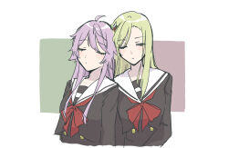 Rule 34 | 2girls, absurdres, ahoge, blonde hair, blush, bow, bowtie, brown background, buttons, closed eyes, closed mouth, commentary, cropped jacket, cropped torso, flower, green background, hair flower, hair ornament, heads together, highres, long hair, long sleeves, multicolored background, multiple girls, otonashi ichie, purple hair, red bow, red bowtie, red flower, rinmeikan girls school uniform, school uniform, shoujo kageki revue starlight, shoujo kageki revue starlight -re live-, side-by-side, sidelocks, sleeping, sleeping on person, sleeping upright, swept bangs, symbol-only commentary, upper body, white background, yumeoji fumi, zangemiya