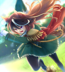 Rule 34 | 1girl, aiguillette, animal ears, ascot, black thighhighs, brown hair, cape, coat, commentary request, day, earrings, epaulettes, floating hair, grass, green coat, hair between eyes, highres, horse ears, horse girl, horse tail, jewelry, lens flare, long hair, long sleeves, multicolored hair, outdoors, pantyhose, parted lips, petticoat, purple eyes, red cape, running, single earring, single epaulette, sky, solo, symboli rudolf (umamusume), tail, thighhighs, tks (526tks), umamusume