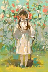 Rule 34 | 1girl, ahoge, bonnet, boots, brown eyes, brown hair, closed mouth, day, expressionless, fence, flower, garden, gardening, grass, highres, long hair, long sleeves, looking at viewer, original, outdoors, red flower, red rose, rose, see-through, shirt, shovel, solo, standing, straight-on, twintails, white flower, white footwear, white headwear, white shirt, zzhehehezz