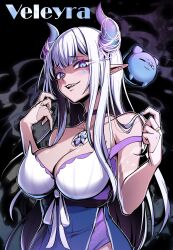Rule 34 | 1girl, bare shoulders, black choker, blue eyes, blue horns, blue nails, breasts, bridal gauntlets, character name, choker, cleavage, collarbone, commission, dress, ebiblue, facial mark, gradient horns, highres, horns, jewelry, large breasts, long hair, multicolored clothes, multicolored dress, multicolored horns, necklace, original, parted lips, pixiv commission, pointy ears, purple horns, solo, strap slip, teeth, upper teeth only, white hair