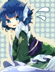 Rule 34 | 1girl, blue eyes, blue hair, breasts, clenched hand, commentary request, drill hair, eyes visible through hair, fins, flying sweatdrops, green kimono, head fins, highres, japanese clothes, kimono, long sleeves, looking at viewer, medium breasts, mermaid, monster girl, nikorashi-ka, obi, one-hour drawing challenge, open mouth, polka dot, polka dot background, sash, short hair, solo, tearing up, tongue, touhou, wakasagihime, wide sleeves