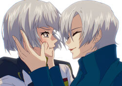 Rule 34 | 1boy, 1girl, blue eyes, closed eyes, closed mouth, coat, ezalia joule, formal, gundam, gundam seed, gundam seed freedom, hand on another&#039;s cheek, hand on another&#039;s face, highres, long sleeves, military, military uniform, mother and son, short hair, smile, uniform, upper body, white hair, wprrg, yzak joule