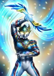Rule 34 | 1boy, absurdres, alien, color timer, commentary, crystal, double-blade, dynamic type, giant, glowing, glowing eyes, highres, holding, holding sword, holding weapon, looking at viewer, no humans, solo, sword, tokusatsu, ultra series, ultraman decker, ultraman decker (series), upper body, weapon, yellow eyes, yoshifuto