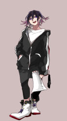 Rule 34 | 1boy, absurdres, alternate costume, black jacket, black pants, black sleeves, boots, brown background, collarbone, colored tips, commentary request, cross-laced footwear, danganronpa (series), danganronpa v3: killing harmony, full body, hair between eyes, hand in pocket, highres, holding, holding megaphone, jacket, jersey, long sleeves, looking at viewer, male focus, megaphone, mi cha iru, multicolored hair, oma kokichi, open mouth, pants, partially unzipped, pink hair, pocket, purple eyes, purple hair, shirt, short hair, simple background, smile, solo, sportswear, teeth, upper teeth only, white footwear, white shirt, zipper, zipper pull tab