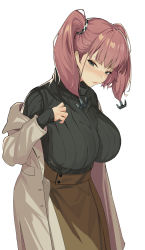 Rule 34 | 1girl, alternate costume, atlanta (kancolle), beige coat, black shirt, blush, breasts, brown hair, brown skirt, coat, grey eyes, highres, kantai collection, large breasts, long hair, long sleeves, open mouth, oweee, shirt, simple background, skirt, solo, two side up, white background