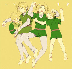 Rule 34 | 4boys, barefoot, blonde hair, link, male focus, multiple boys, multiple persona, nintendo, pointy ears, sleeping, the legend of zelda, the legend of zelda: ocarina of time, the legend of zelda: the wind waker, the legend of zelda: twilight princess, time paradox, toon link, young link