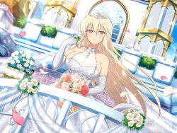 Rule 34 | 1girl, bird, blonde hair, bouquet, breasts, bride, church, cleavage, daisy, day, dove, dress, falling petals, flower, gloves, jewelry, large breasts, leo (senran kagura), looking at viewer, official art, petals, pink eyes, ring, rose, senran kagura, senran kagura new link, sideboob, sparkle, sunlight, tiara, wedding dress, wedding ring, window
