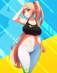 Rule 34 | 1girl, alternate costume, alternate hairstyle, black shirt, blonde hair, blue background, blush, breasts, collarbone, highres, large breasts, long hair, midriff, mythra (xenoblade), navel, nintendo, open mouth, pants, ponytail, shirt, solo, tank top, tiger1001, two-tone background, very long hair, white pants, xenoblade chronicles (series), xenoblade chronicles 2, yellow background, yellow eyes