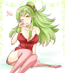 Rule 34 | 1girl, aged up, bare shoulders, breasts, cleavage, dated, dress, fire emblem, fire emblem awakening, green eyes, green hair, hand on own face, large breasts, legs together, long hair, looking at viewer, nintendo, one eye closed, open mouth, pink thighhighs, pointy ears, ponytail, shougayaki (kabayaki 3), sitting, sketch, solo, thighhighs, tiki (adult) (fire emblem), tiki (fire emblem), white background, wristband, yawning
