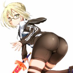 Rule 34 | 1girl, ahoge, artoria pendragon (fate), ass, bike shorts, blonde hair, cameltoe, excalibur (fate/stay night), fate/grand order, fate (series), glasses, holding, holding sword, holding weapon, hood, hoodie, mysterious heroine x alter (fate), mysterious heroine x alter (second ascension) (fate), over-kneehighs, pinky out, poncocchan, semi-rimless eyewear, short hair, skindentation, solo, sword, thigh strap, thighhighs, under-rim eyewear, weapon, yellow eyes