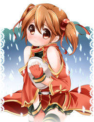 Rule 34 | 10s, 1girl, armor, bare shoulders, breastplate, brown hair, fingerless gloves, gloves, red eyes, s-ram, short hair, short twintails, silica, solo, sword art online, thighhighs, twintails