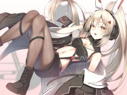 Rule 34 | 1girl, :d, absurdres, ayanami (azur lane), ayanami (rock &#039;n&#039; demon) (azur lane), azur lane, black pantyhose, boots, breasts, cable, cleavage, commentary request, hair ornament, hairclip, headgear, headphones, highres, long hair, looking at viewer, lying, medium breasts, navel, on back, open mouth, orange eyes, pantyhose, ponytail, remodel (azur lane), shorts, silver hair, smile, solo, yamanokami eaka