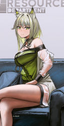 Rule 34 | 1girl, absurdres, ai-bon, animal ears, arknights, artist name, bare legs, bare shoulders, breasts, cat ears, cleavage, closed mouth, couch, crossed legs, dress, feet out of frame, green dress, green eyes, green hair, grey hair, highres, kal&#039;tsit (arknights), long sleeves, looking at viewer, medium breasts, multicolored hair, off shoulder, on couch, open clothes, see-through, short dress, short hair, sitting, smile, solo, stethoscope, streaked hair, two-tone hair