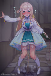 Rule 34 | 1girl, alcohol, alley, arm at side, arm up, artist name, avatar 2.0 project, blonde hair, blue eyes, blunt bangs, blush, bottle, breasts, casual peeing, cleavage, cleavage cutout, clothing cutout, detached sleeves, dress, drooling, drunk, epaulettes, female focus, full body, hair ornament, hairclip, half-closed eyes, happy, high heels, highres, holding, holding bottle, japanese text, kneehighs, long hair, long sleeves, looking at viewer, medium breasts, mita sonia, mouth drool, multicolored clothes, multicolored dress, nose blush, one side up, open mouth, outdoors, pee, peeing, peeing self, pigeon-toed, public indecency, purposeful wetting, shoes, short dress, sidelocks, sleeveless, sleeveless dress, smile, socks, solo, spilling, standing, steam, talking, thighs, translation request, twitter username, virtual youtuber, watermark, wet, wet clothes, white footwear, white sleeves, white socks, wine, wine bottle, yoshiwa tomo