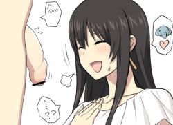 Rule 34 | 1boy, 1girl, black hair, censored, earrings, ese shinshi, closed eyes, foreskin, hand on own chest, jewelry, long hair, necklace, open mouth, original, penis, shirt, simple background, smile, solo focus, spoken elephant, sweatdrop, upper body, white background, white shirt