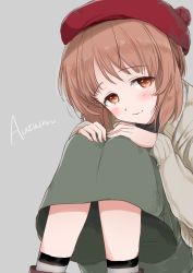 Rule 34 | 10s, 1girl, absurdres, bad id, bad twitter id, beret, black socks, blush, brown eyes, brown hair, casual, closed mouth, commentary, emilio (tetsukazu no ao), english text, girls und panzer, grey background, grey skirt, half-closed eyes, hat, highres, hugging own legs, light blush, long sleeves, looking at viewer, medium skirt, nishizumi miho, red hat, short hair, simple background, sitting, skirt, smile, socks, solo, striped clothes, striped socks, sweater, white sweater
