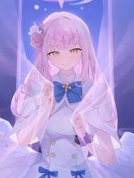 Rule 34 | 1girl, absurdres, blue archive, blush, breasts, capelet, dress, feathered wings, hair bun, halo, highres, holding, long hair, looking at viewer, medium breasts, mika (blue archive), pink hair, randouworks, scrunchie, single side bun, smile, solo, upper body, very long hair, white capelet, white dress, white wings, wings, wrist scrunchie