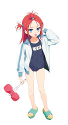 1girl absurdres arm_up bangs_pinned_back bare_legs blue_eyes blue_jacket blue_one-piece_swimsuit covered_navel flat_chest full_body green_footwear hair_tie hammer highres holding holding_hammer jacket long_hair long_sleeves looking_at_viewer name_tag old_school_swimsuit one-piece_swimsuit one_side_up open_clothes open_jacket open_mouth original red_hair sandals school_swimsuit solo standing swimsuit teeth topknot toy_hammer upper_teeth_only zzzearly