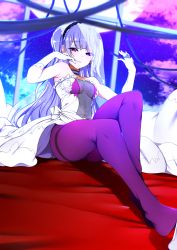 Rule 34 | 1girl, ajax (azur lane), azur lane, bare shoulders, bebebe (pepegakii), breasts, bridal veil, bride, choker, dress, earrings, elbow gloves, formal, gloves, highres, jewelry, long hair, looking at viewer, pantyhose, photo background, purple hair, see-through, small breasts, smile, solo, strapless, strapless dress, thighs, veil, wedding dress, white gloves