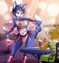 Rule 34 | 1boy, 1girl, aqua eyes, artist name, blue hair, blush, breasts, breath, chair, covered erect nipples, dancing, drooling, english text, eyeshadow, fang, fingerless gloves, fox mccloud, furry, gloves, green pants, hands up, heart, heart-shaped pupils, indoors, jewelry, krystal, large breasts, looking down, looking up, makeup, melonleaf, navel, nintendo, nipples, open mouth, pants, pelvic curtain, pussy, saliva, see-through, short hair, signature, sitting, smile, sparkle, standing, star fox, symbol-shaped pupils, table, tiara, uncensored, vest, wide hips