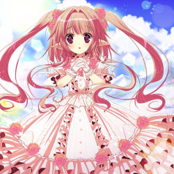 Rule 34 | 1girl, cloud, day, flower, flower on head, hair flower, hair ornament, light particles, lolita fashion, long hair, original, own hands clasped, own hands together, parted lips, pink hair, pointy ears, purple eyes, rose, shiwasu horio, sky, solo, twintails, very long hair