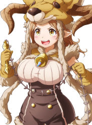 Rule 34 | 1girl, :d, animal hat, bad id, bad pixiv id, bell, breasts, brown eyes, brown gloves, brown hair, cowboy shot, daetta (granblue fantasy), draph, elbow gloves, fur trim, gloves, granblue fantasy, hat, highres, holding, horns, jingle bell, large breasts, long hair, open mouth, pointy ears, simple background, smile, solo, tayuura (kuwo), underbust, v-shaped eyebrows, white background