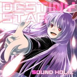 Rule 34 | 1girl, agemono, album cover, animal ears, black jacket, blazer, circle name, collared shirt, cover, danmaku, english text, eyelashes, finger gun, floppy ears, full moon, game cg, jacket, layered sleeves, long hair, long sleeves, looking ahead, moon, night, night sky, official art, open mouth, purple hair, rabbit ears, red eyes, reisen udongein inaba, shirt, sky, smile, solo, sound holic, star (sky), starry sky, touhou, touhou cannonball, upper body, very long hair, white shirt