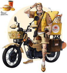 Rule 34 | 1boy, absurdres, arm up, breakfast, brown footwear, brown shirt, collared shirt, delivery, dog, food, goggles, goggles around neck, helmet, highres, holding, holding helmet, looking at viewer, motor vehicle, motorcycle, original, parted lips, personification, rinotuna, salute, sandwich, shirt, shoes, short sleeves, shorts, smile, solo, tattoo, vest, white shirt, yellow vest