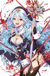 Rule 34 | 1girl, alkyde (soccer spirits), black dress, black thighhighs, blush, breasts, cleavage, cross, detached collar, detached sleeves, dress, drill hair, empew, fingerless gloves, garter straps, gloves, hair between eyes, heterochromia, holding, holding staff, large breasts, leaning forward, long dress, long hair, looking at viewer, nun, official art, open mouth, original, purple eyes, red eyes, red ribbon, ribbon, single glove, smile, soccer spirits, solo, staff, teeth, thighhighs, very long hair, wavy hair, white background