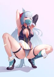 Rule 34 | 1girl, absurdres, adapted costume, animal ears, armpits, arms behind head, arms up, asymmetrical legwear, black footwear, blue hair, braid, breasts, breasts apart, cameltoe, covered navel, crown braid, flat chest, full body, groin, highres, horse ears, horse girl, horse tail, leotard, long hair, looking at viewer, mask, mejiro ardan (umamusume), microskirt, mouth mask, purple eyes, raised eyebrows, shadow, skirt, small breasts, socks, solo, squatting, surgical mask, tail, thigh strap, tiptoes, umamusume, uneven legwear, white background, white socks, yonemochi yume