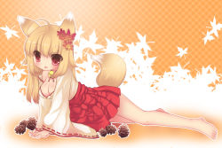 Rule 34 | 1girl, animal ears, autumn, bad id, bad pixiv id, barefoot, blonde hair, breasts, cleavage, duji amo, fox ears, fox tail, highres, japanese clothes, leaf, maple leaf, medium breasts, original, red eyes, short hair, solo, tail