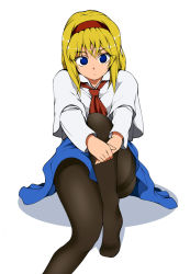 Rule 34 | 1girl, alice margatroid, ascot, bad id, bad pixiv id, blonde hair, blue eyes, capelet, female focus, fuantei, hairband, hugging own legs, no shoes, pantyhose, short hair, sitting, solo, thighband pantyhose, touhou