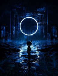 Rule 34 | 1girl, 3d, blender (medium), blue theme, circle, circuit board, cloud, from behind, glowing, headphones, highres, leaf, light particles, light rays, night, night sky, on water, original, reflection, reflective water, rock, scenery, short hair, silhouette, sira0xff, sky, solo, standing, standing on liquid, star (sky), starry sky, water