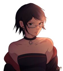Rule 34 | 1girl, bare shoulders, black choker, black eyes, black hair, black jacket, boruto: naruto next generations, boruto: two blue vortex, breasts, cewyn, choker, collarbone, commentary, earrings, frown, glasses, highres, jacket, jewelry, light, naruto (series), off shoulder, short hair, signature, small breasts, solo, strapless, tube top, uchiha sarada