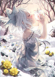 Rule 34 | 1girl, adapted costume, apple, bare shoulders, bare tree, blue bow, blue dress, blue hair, blue ribbon, bow, chromatic aberration, cirno, closed eyes, diffraction spikes, dress, dripping, flat chest, flower, flower request, food, from side, fruit, glint, hair bow, highres, holding, ice, ice wings, kiss, lens flare, off shoulder, outdoors, profile, ribbon, short hair, sitting, sky, snow, solo, sparkle, sunlight, touhou, toutenkou, tree, water drop, wet, wings, yellow flower