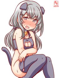 Rule 34 | 1girl, alternate costume, animal ears, artist logo, blush, bottomless, bra, breasts, cat cutout, cat ears, cat lingerie, cat tail, cleavage, cleavage cutout, clothing cutout, commentary request, dated, feet out of frame, frilled bra, frills, grey eyes, grey hair, grey thighhighs, i-201 (kancolle), invisible chair, kanon (kurogane knights), kantai collection, long hair, low twintails, medium breasts, meme attire, nose blush, one-hour drawing challenge, open mouth, simple background, sitting, solo, tail, thighhighs, twintails, underwear, white background